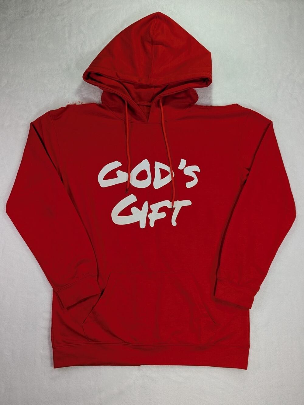 "God's Gift" Red Cold Shoulder Hoodie Vented Back Cutout Pullover Sweatshirt S